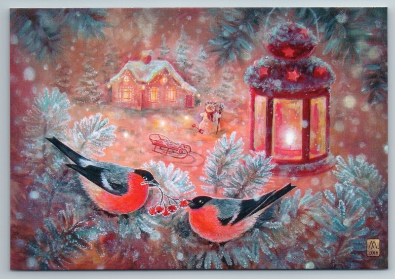 BULLFINCHES BIRD on Xmas Tree CHRISTMAS EVE House Snow Russian New Postcard