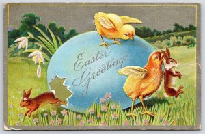 1910's Easter Greetings Chicks Bite The Rabbit Holiday Wishes Posted Postcard