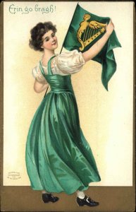 Clapsaddle ? Int'l Art Pretty Irish Woman Hanging Flag c1910 Vintage Postcard