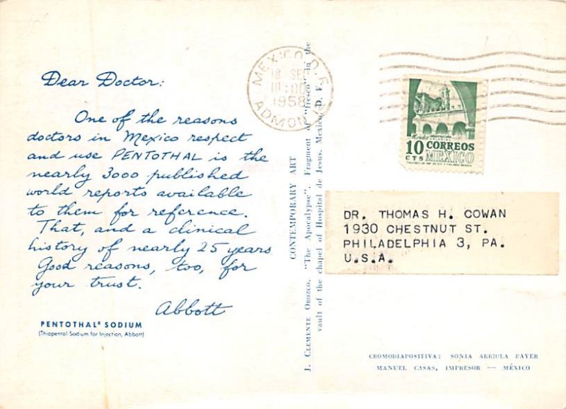 Advertising Post Card Pentothal Sodium Dear Doctor 1958