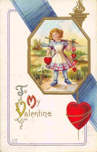 To My Valentine Girl Carrying String of Hearts Greetings 1916  postcard