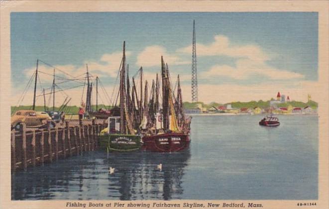 Massachusetts New Bedford Fishing Boats At Pier Showing Fairhaven Skyline Cur...