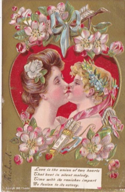 Valentine's Day Couple Kissing On Red Heart 1910