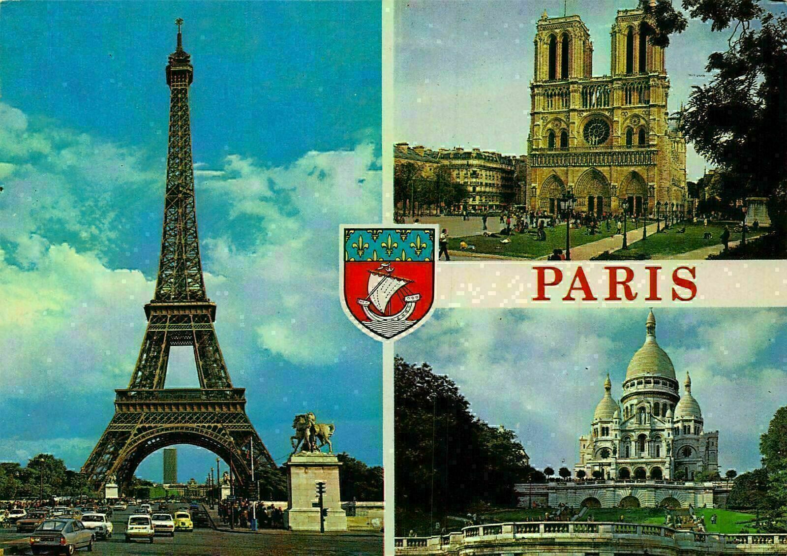 France Paris Tour Eiffel Notre Dame Sacre Coeur Tower Basilica Cars Postcard Europe France Other Unsorted Postcard Hippostcard