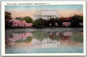 Washington DC 1920s Postcard Reflection Lincoln Memorial Cherry Blossoms