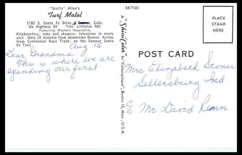 1950s Scotty Allan's Turf Motel Denver CO Postcard