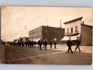 c1915 Bridge St Parade Hardware Store Hotel Big Rapids Michigan MI RPPC Photo