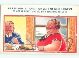 Bamforth Comic CHUBBY FAT WOMAN EATING DINNER AC0015