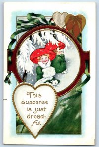 Christmas Valentine Children Mushroom Hat Snow Winter Scene Embossed Postcard
