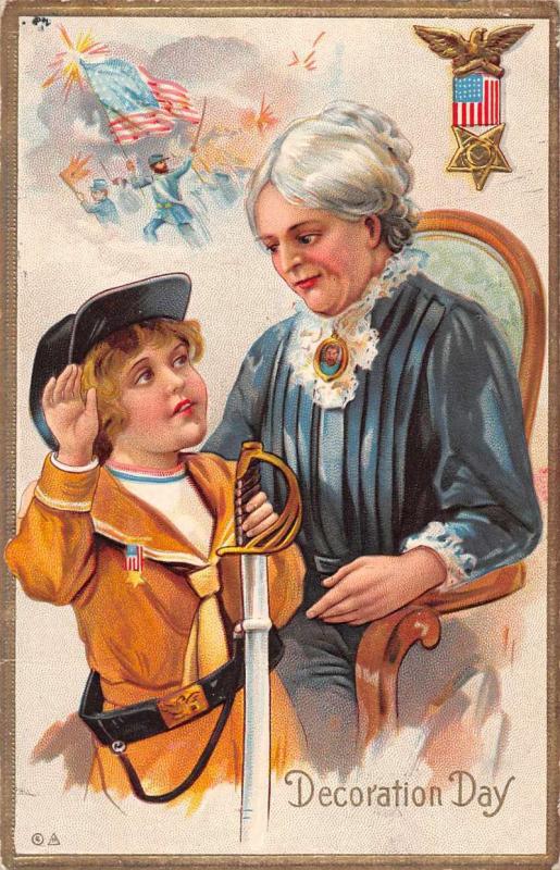 Decoration Day Memorial Day Greetings Woman and Boy Antique Postcard J80565