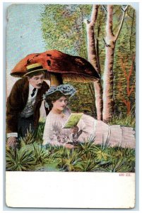 c1910's Mushroom Toadstool Fantasy Sweet Couple Romance Reading Book Postcard