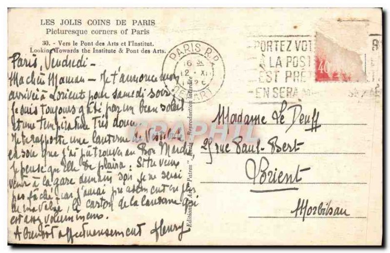 Old Postcard Paris Towards the Pont des Arts and & # 39Institut