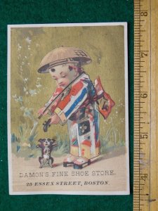 1870s-80s Cute Chinese Boy with Dog Damon Fine Shoes Victorian Trade Card F23
