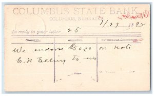 1892 Columbus State Bank Columbus Nebraska NE Omaha NE Posted Postal Card