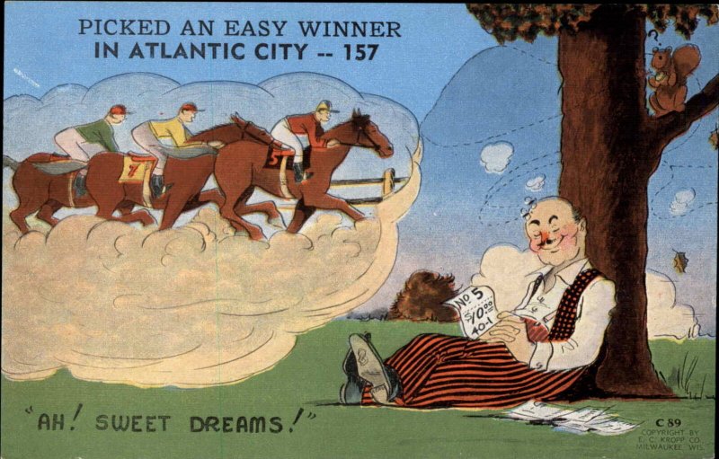 Atlantic City New Jersey NJ Man Dreams of Horse Racing Gambling Vintage Postcard 