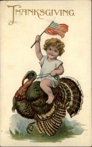 Thanksgiving Child with American Flag Riding Turkey c1910 Vintage Postcard