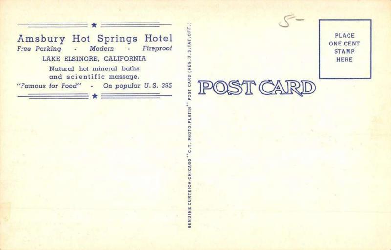 Lake Elsinore California Amsbury Hot Springs Hotel Antique Postcard K87215