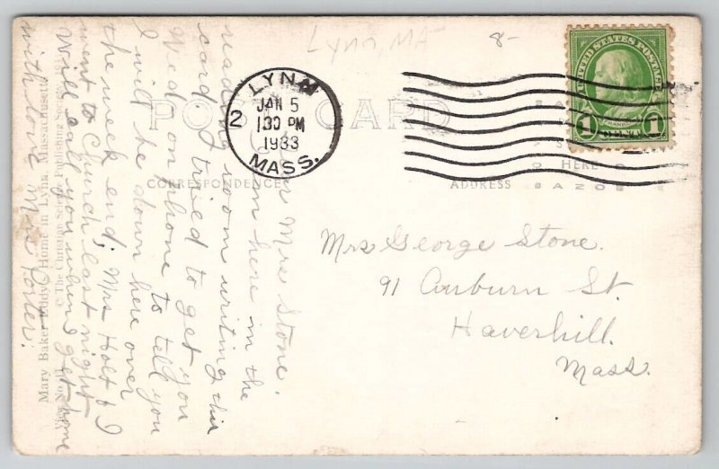 Lynn MA Mary Glover Christian Science Home 1933 Stone Fam Haverhill Postcard B33