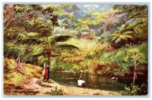 c1910 Two Men at the Forest Stream at Fiji Oilette Tuck Art Antique Postcard