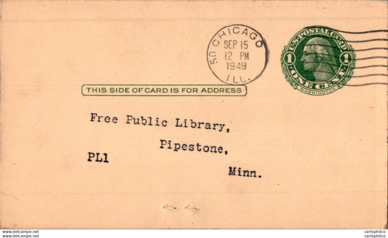 US Postal stationery 1c Chicago to Pipestone Minn American Library Association