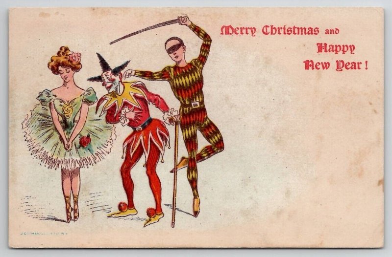 Christmas Ballerina Jester Harlequin Pierrot Performers New Year  Postcard U27