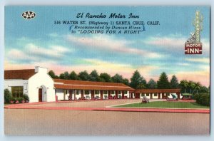 Santa Cruz California CA Postcard El Rancho Motor Inn Exterior Roadside 1953