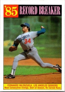 1986 Topps Baseball Card '85 Record Breaker Fernando Valenzuela Dodgers ...