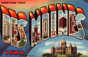 Iowa Greetings From Des Moines Large Letter Linen Curteich