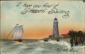 Neenah WI Lighthouse Handmade Hand Colored Drawn c1910 Postcard