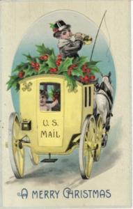 CHRISTMAS  BOYS, HORSE-DRAWN U.S. MAIL WAGON postcard