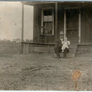 c1910s Cute Father & Baby Son RPPC Small House Real Photo Postcard Home Farm A42