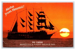 Windjammer's Rella Mae Sailboat Sunset Waikiki Hawaii HI UNP Chrome Postcard A15