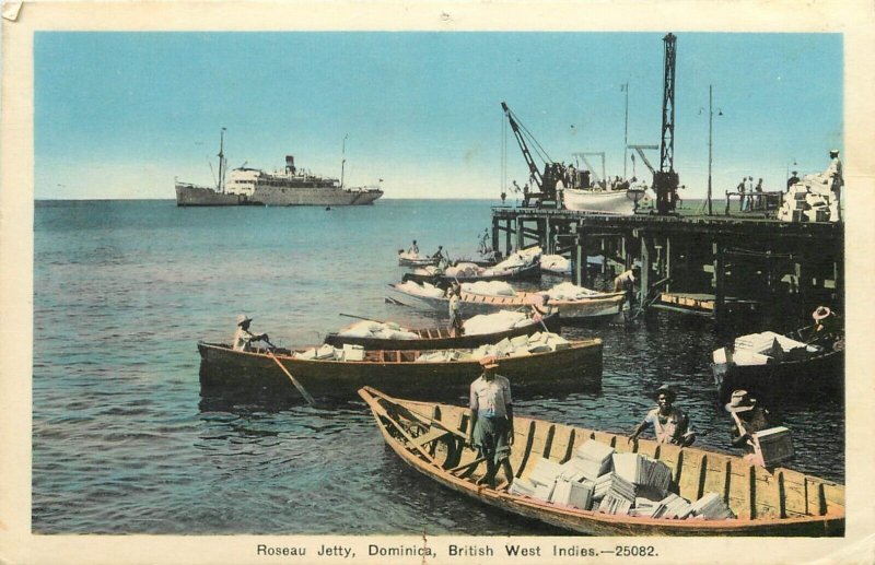 c1950 Postcard; Roseau Jetty, Dominica, British West Indies, Freighter & Boats