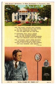 Vintage Will Rogers' Birthplace, Claremore, OK Postcard