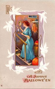Vintage Victorian Woman, Man on Mirror, Pumpkin,Scary Antique Halloween Postcard