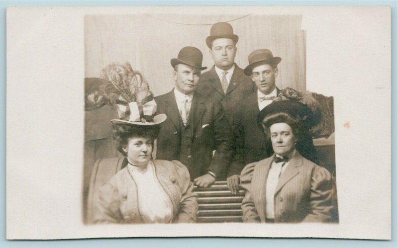 Real Photo Postcard~Two Victorian Ladies in Enormous Picture Hats~3 Gents~c1910 