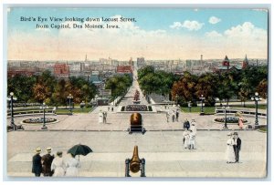 Bird's Eye View Looking Down Locust Street From Capitol Des Moines IA Postcard