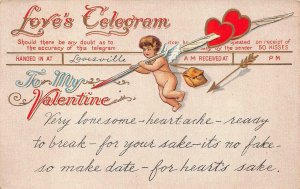 VALENTINE HOLIDAY CUPID LOVE'S TELEGRAM NEW YORK EMBOSSED POSTCARD 1913