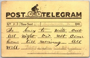 1907 Post Telegram Mail Man Office Bicycle Going Postal, Vintage Postcard