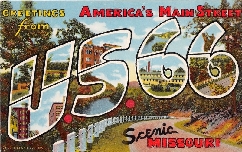 J60/ Missouri Postcard Linen America's Main St US 66 Highway Route 66 185