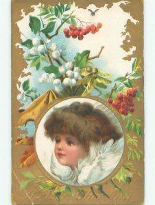 Pre-Linen christmas MISTLETOE AND BERRIES OVER CUTE ANGEL W7306