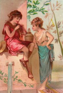 Lot of 2 Victorian Trade Cards Grecian Girls Water Fountain Flute W1