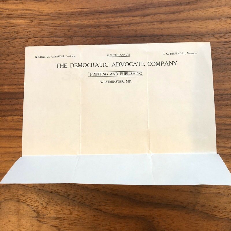 WESTMINSTER , MD - THE DEMOCRATIC ADVOCATE COMPANY LETTERHEAD - VINTAGE PAPER 