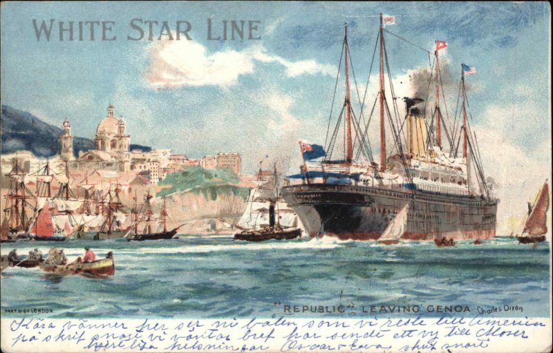 White Star Line Repulbic Leaving Genoa Italy 1905 Cancel Vintage Postcard