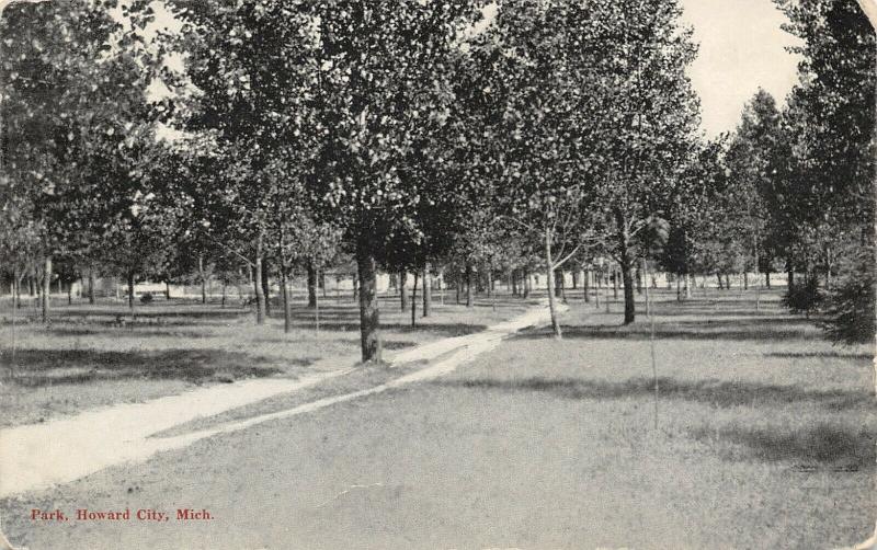 Howard City Michigan~Path Through Park~Young Trees~Buildings~1910 B&W Postcard 