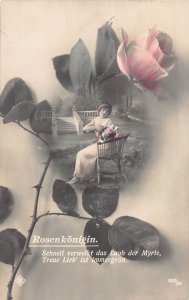 Roses Queen 1914 Woman Posing on Chair Rose Flower Quote vintage postcard