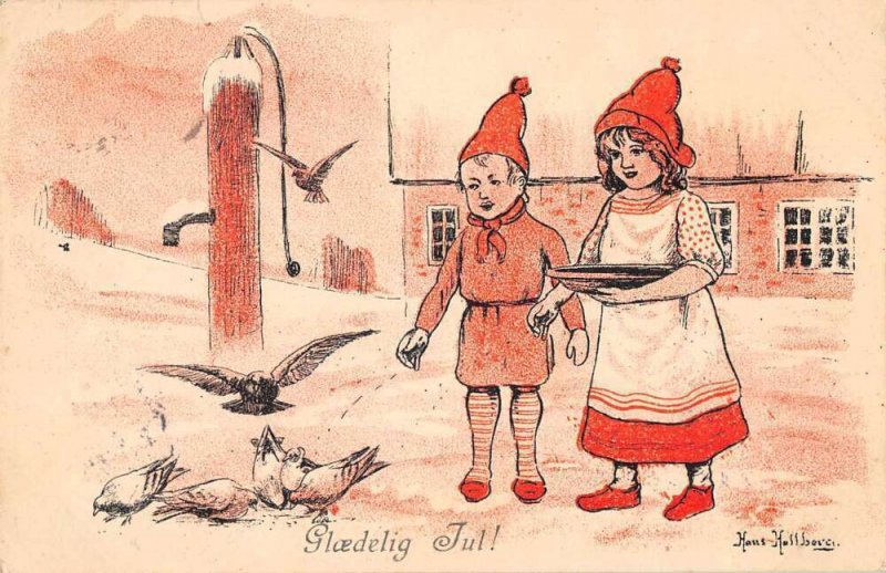 Danish Christmas Greetings Children feeding Birds Vintage Postcard AA55733