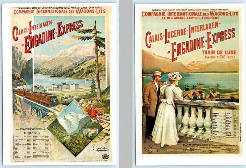 2 Repro Postcards CALAIS INTERLAKEN ENGADINE EXPRESS, Switzerland Train 4x6