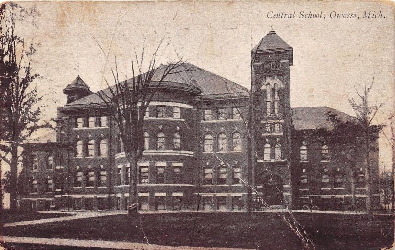 Owoso Michigan~Central School Building~People & Bicycles in Front~1911 Postcard