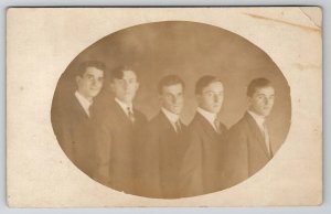 Lewiston Maine Five Handsome Young Men in a Row Oval Masked Photo Postcard E23